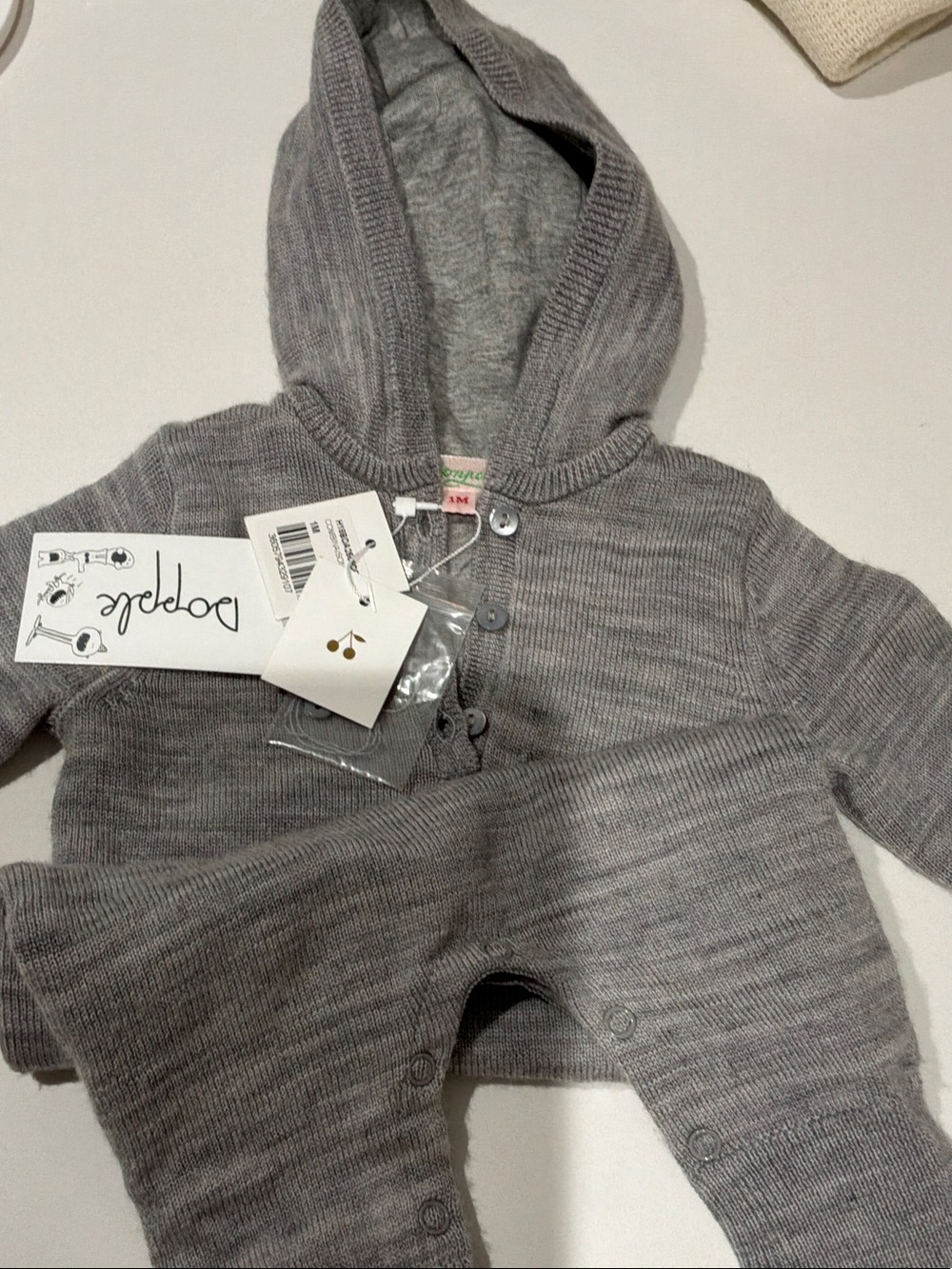 Bonpoint Gray Hooded Knit Footed One-Piece Romper